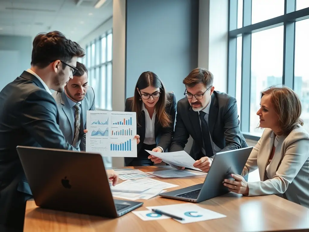 A team of professionals analyzing business data and discussing potential acquisition strategies in a collaborative meeting. The image conveys expertise and thorough evaluation.