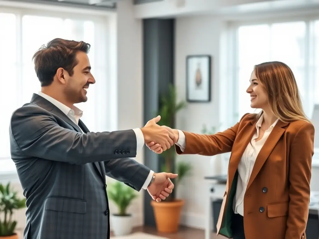 A handshake between a business owner and a new buyer, symbolizing a successful acquisition facilitated by Call the Business Owner. The background shows a thriving business environment.