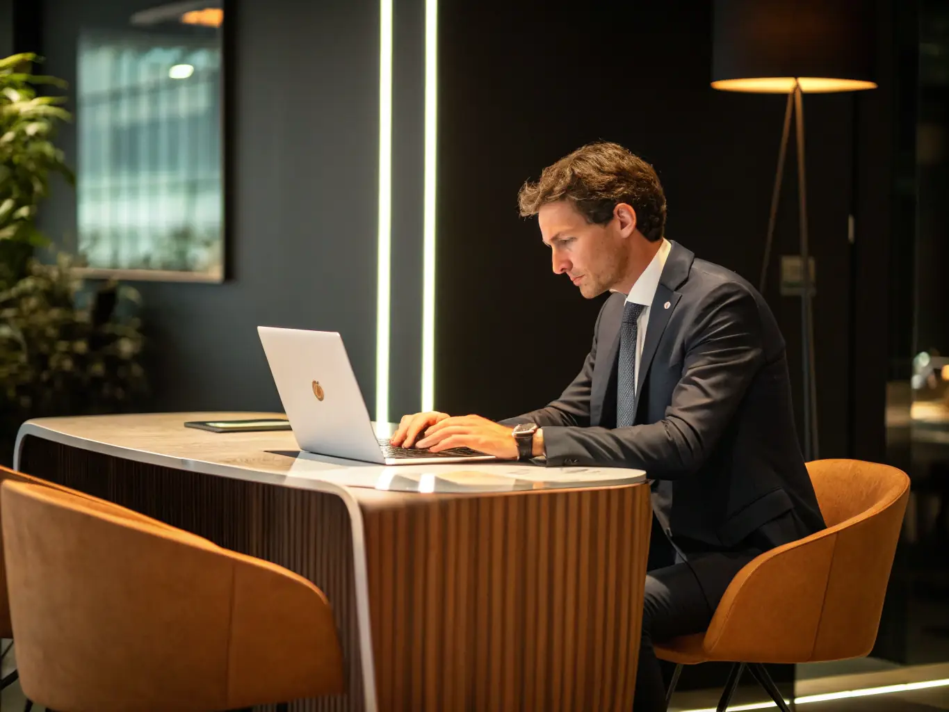 A person using a laptop in a bright, modern office, focused on submitting a business lead through the Call the Business Owner platform. The scene emphasizes ease of use and accessibility.